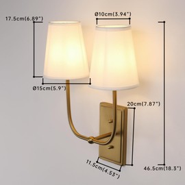 JIMUBEAM Vintage 2-Lights Wall Sconces with Funnel White Fabric Shades, Double Head Bathroom Vanity Lights Fixture, Indoor Wall Lamps for Bedroom Living Room Hallway Stairway