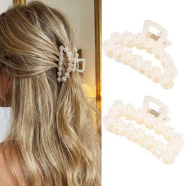 CAKURE Pearl Hair Clips White Medium Claw Clips Non Slip Hair Accessories for Women (Pack of 2)
