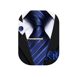 Barry.Wang Men's Silk Business Ties with Handkerchief, Cufflink Stripes Plaid Tie Set, Celebration Wedding