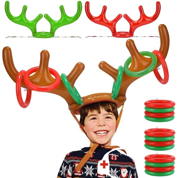 15 Pieces Inflatable Reindeer Antler Ring Toss Game for Christmas Party Games for Kids Adults Holiday Xmas Games Toys for Family School Christmas Carnival Party Supplies (3 Antlers, 12 Rings)