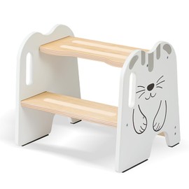 Wooden Step Stool - Two Step Stools Toddler 250 lbs Capacity with Safety Non-Slip Pads - Potty Training Stool for Bathroom Sink, Bedroom, Kitchen Dual Height Step Stools for Kids(Cat|White)