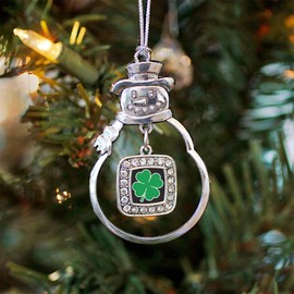 Inspired Silver - Four Leaf Clover Charm Ornament - Silver Square Charm Snowman Ornament with Cubic Zirconia Jewelry