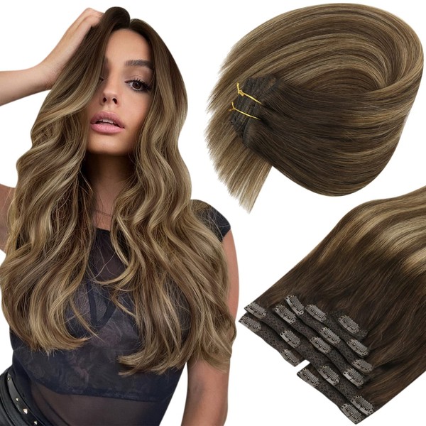 Sunny Clip in Hair Extensions Real Human Hair Balayage Clip in Extensions Real Human Hair Dark Brown Fading to Caramel Blonde Mix Brown Balayage Hair Clip in Extensions 20inch