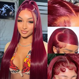tobasew ​99J Burgundy Lace Front Wigs Human Hair 200 Density Straight 13x6 HD Transparent Lace Frontal Wigs Human Hair Pre Plucked Glueless Red Color Human Hair Lace Front Wigs for Women 32 Inch