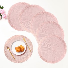 IcosaMro Pink Placemats Set of 6 for Dining Table, 15 Inch Paper Woven Boho Decorative Circle Place Mat for Wedding Christmas Thanksgiving Day Holiday Dinner