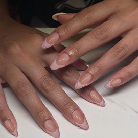 YOSOMK Pink French Acrylic Press on Nails Almond Medium Fake Nails Press Ons Full Cover Glue on False Nail Bright Surface Designs Artificial Stick on Nail for Women