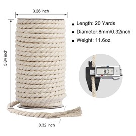 Hdviai Cotton Cord 8mm x 20 Yards - Natural Unbleached Macrame Rope - 3 Strand Twisted Cotton Rope for Wall Hanging，DIY Craft Making，Plant Hangers，Knotting Decorative Projects (White)
