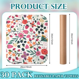 Redbaker 30 Pack Reusable Paper Towels Rolls Washable Paperless Paper Towels Bulk Cloth Cotton Towels with Cardboard Reusable Napkins for Kitchen Bathroom(10 x 12 in, Floral)