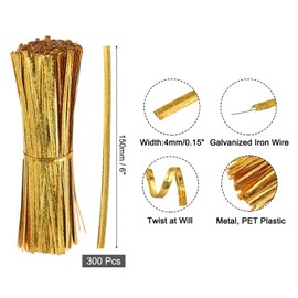 uxcell 6" Twist Ties, Metallic Twist Ties, Reusable Plastic Coated Twist Ties for Bakery, Candy Bags, Coffee Bags, Goodie Bags, Pack of 300, Shiny Gold