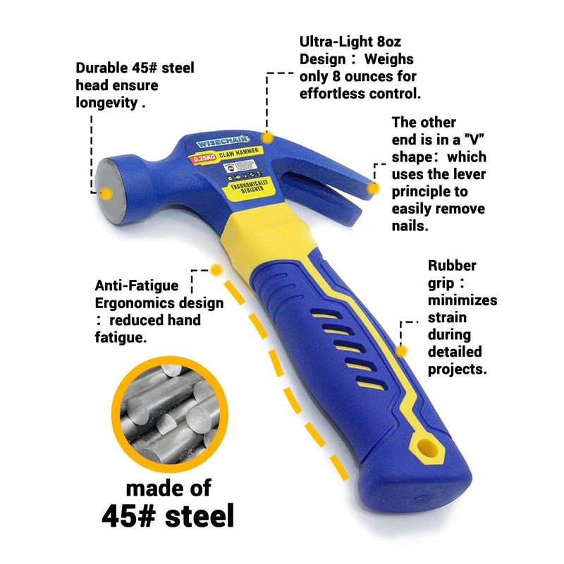 Wisechain 8 oz Professional Small Claw Hammer 45# Steel –