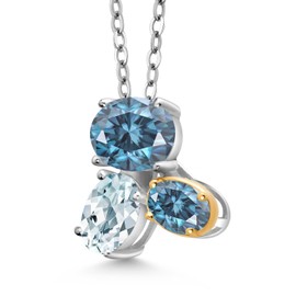 Gem Stone King 925 Silver and 10K Yellow Gold Persian Blue Moissanite and Sky Blue Aquamarine Pendant Necklace For Women (2.58 Cttw, Oval 8X6MM, 7X5MM and 6X4MM, Gemstone, with 18 Inch Chain)