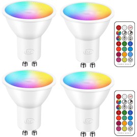 ILC GU10 LED Light Bulb, 40 Watt Equivalent Color Changing 12 Colors 5W Dimmable Cold White 5700K RGB LED Light Bulbs with Remote Control (Pack of 4)