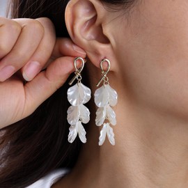 White Flower Earrings Rose Petal Wedding Earrings Gold Stud Long Tassel Acrylic Pearl Flower Drop Earrings Resin Floral Dangle Earrings Bridal Statement Earrings Jewelry for Women