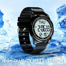 WIFORT Digital Watches for Men with Wide-Angle Display & Backlight,Waterproof Wrist Watch for Sports with Alarm/Countdown/Dual Time/Stopwatch,Metal White
