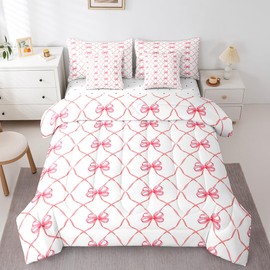 Erosebridal Bowknot 7 Piece Comforter Set Full Bow Knot Bedding for Kids Butterfly Knot Bow Tie Sheet Set Bed in A Bag Aesthetic Coquette Bedroom Decor Geometric Cartoon Red Bed Set