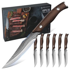 Dragon Creek Steak Knives Set of 6, High-Carbon Steel Steak Knife Set with Wooden Handle, 4.3 Inch Non-serrated Steak Knives, Razor-Sharp Dinner Knives With Gift Box