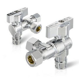 (Pack of 2) Seelink 1/4-Turn Dual Compression Outlet Split Angle Stop Valve, 1/2" Pex-a Expansion(F1960) x (3/8 inch x 3/8 inch) OD, Chrome Plated Brass