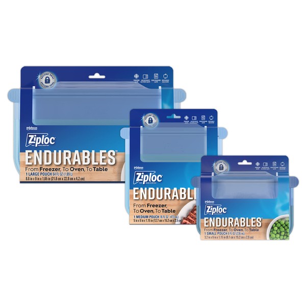 Ziploc Endurables Small, Medium, and Large Pouch, Reusable Silicone Bags and Food Storage Meal Prep Containers for Freezer, Oven, and Microwave, Dishwasher Safe