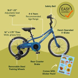 Retrospec Koda 16in Kids Bike with Training Wheels - Adjustable Height Beginner Bicycle for Ages 4-6 - Dual Brake System, Safety Bell & Reflectors - Lightweight 18.5lb Frame