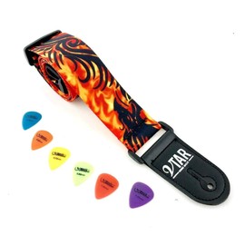 Vtar Vegan Orange Flame Tribal Dragon Design Acoustic Electric Guitar Strap with Adjustable Length