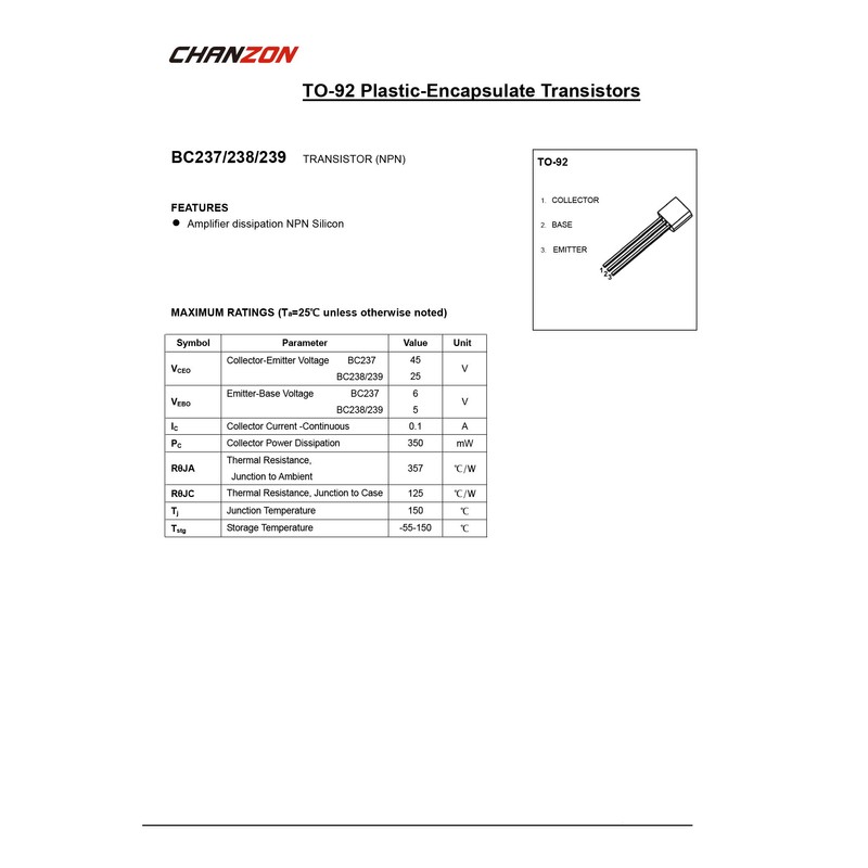 Chanzon BC237 TO-92 NPN Transistor 0.1 A, Pack of 50