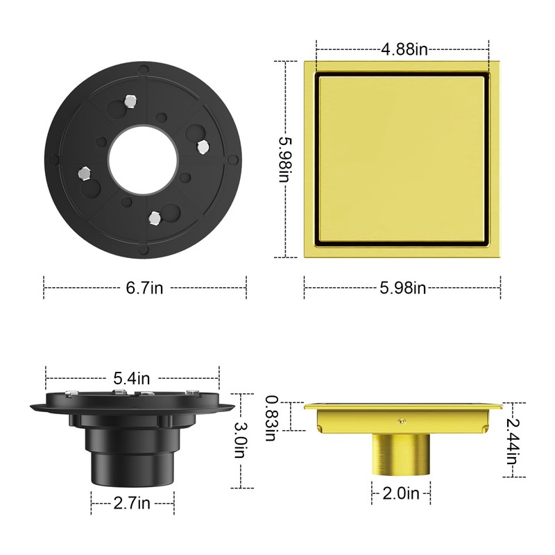 Bmvlffs 6 Inch Shower Drain Gold with Tile Insert Grate,