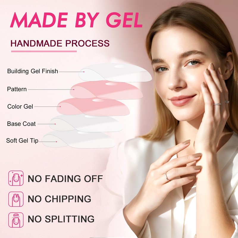 Viugex 24 Pcs False Nails Medium Almond, Pink Yellow French