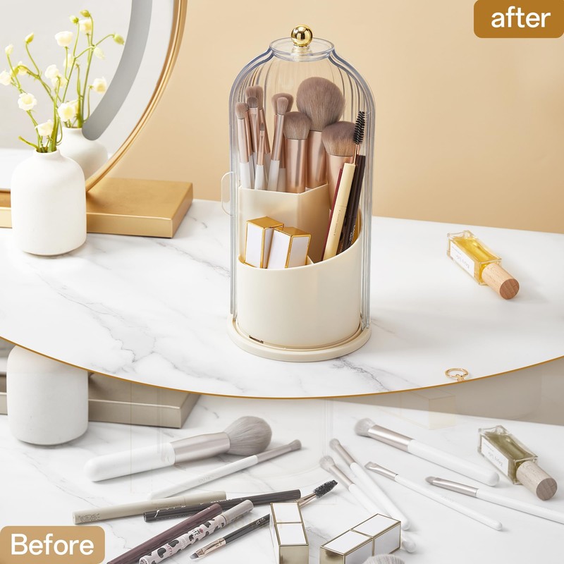 STORICANS Makeup Brush Holder Rotating Organiser with Clear Lid，Sliding Opening