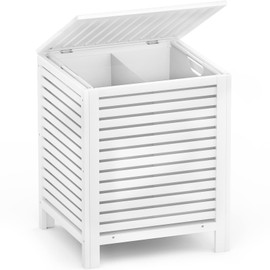 Homykic Bamboo Laundry Hamper, 2-Section 120L with Lid and Removable Liner Bag, Large Raised Laundry Basket Sorter for Clothes, Bathroom, Bedroom, Easy to Assemble, White
