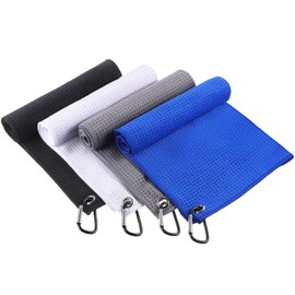 Remagr Paquete de 4 toallas de golf para bolsas de golf, bolsa de toalla de tela de microfibra con clip, patrón de gofre, accesorios de golf para hombres y mujeres, juego de palos de golf, varios colores (negro, blanco, gris, azul)