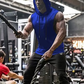 Babioboa Men's Cut Off Hoodie Sleeveless Workout Muscle Hoodies Bodybuilding Muscle Cut Off T-Shirt(Blue 1 Large)