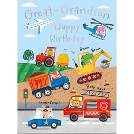 Great-Grandson Birthday Card - Animal, Truck, Airplane and Helicopter Design - Special Finishes - Made in the UK - Eco-Friendly