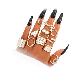 17IF 10-15 Pcs Gold Ring Set for Women Chunky Classic Dainty Boho Aesthetic Punk Thick Line Big Size Simple Stacking on Thumb Knuckle Rings Pack (10Butter, Silver)