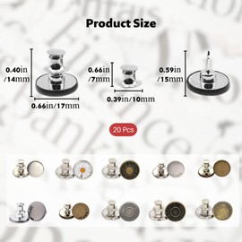 Pack of 20 Jeans Buttons Without Sewing, 17 mm Adjustable Replacement Button Trouser Buttons for Plugging, DIY Jeans Button, Trouser Button for Jeans Repair & Size Adjustment