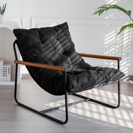 MAXYOYO Modern Accent Chair, Comfy Living Room Chair with Metal Frame Wooden Armrest, Upholstered Armchair with Soft Cushion for Bedroom Balcony Lounge Reading Room, Black