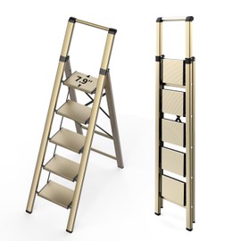 WOA WOA 5 Step Ladder for 10 Feet High Ceiling, Lightweight Foldable Ladder with Non-Slip Wide Pedals, Step Stool with Safe Handrail, Space Saving for Home, Kitchen, Indoor & Outdoor 300lbs - Gold