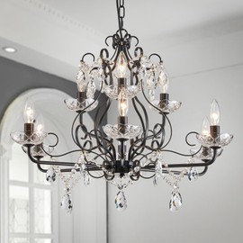 WUZUPS 9-Light Crystal Candle Chandelier Pendant Flushmount Ceiling Light Modern Lighting Fixture for Bedroom Hallway Bar Kitchen Bathroom, H 18.1" x W 25.6", Black, E12 Base