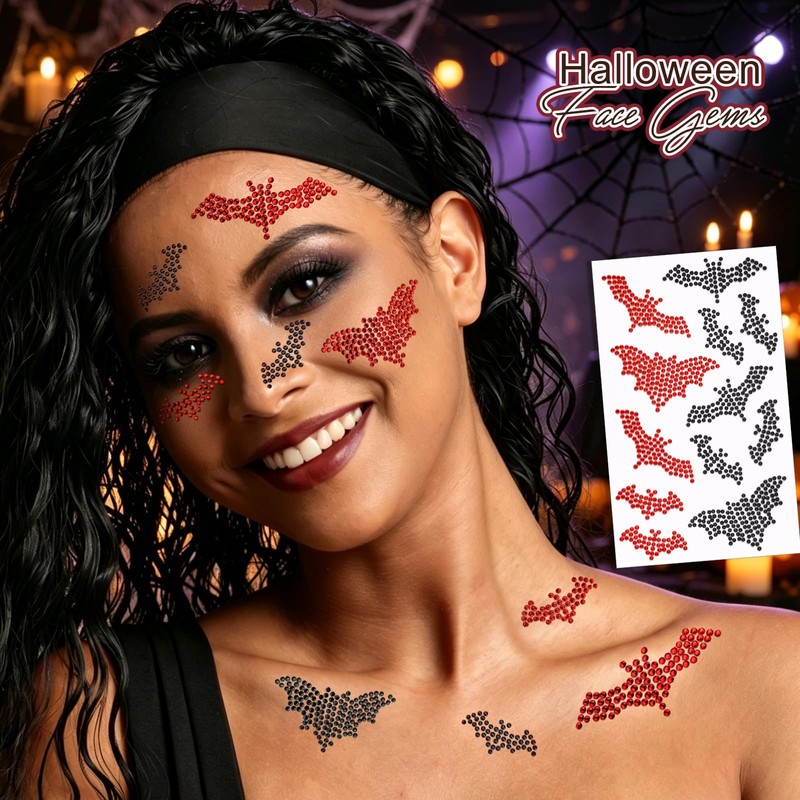 6Sheets Spider Face Gems Black Face Jewels for Women Halloween