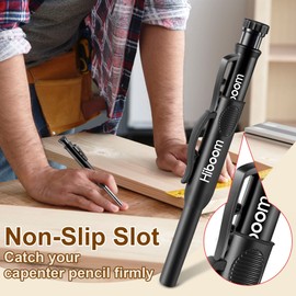 Hiboom 2 Pack Solid Carpenter Pencils with Pencil Cap and 18 Refills, Long Nose Deep Hole Mechanical Pencil Marker, Scribe Tool with Built-in Sharpener for Construction Woodworking Architect (Black)