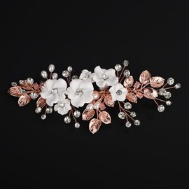 Rumtock White Flower Rose Gold Hair Clips for Wedding Brides Women Pearl Hair Piece Rhinestones Jewelry (Rose Gold)