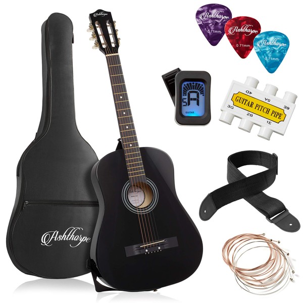 Ashthorpe Ashthorpe 38-inch Beginner Acoustic Guitar Package (Black), Basic Starter