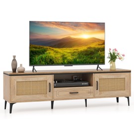 Giantex TV Stand for TV up to 65 Inches, Entertainment Center with 2 Cabinets, 1 Storage Drawer, Cable Hole, Open Shelf, Non-Slip Foot Pads, Boho Rattan Media Console Cabinet for Bedroom, Living Room