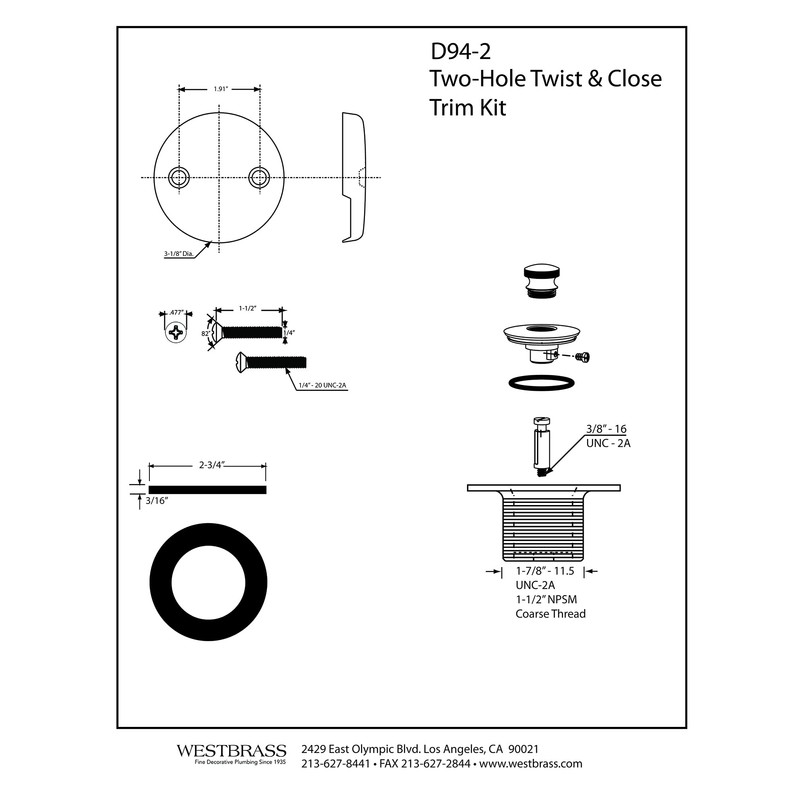 Westbrass Twist & Close Tub Trim Set with Two-Hole Overflow