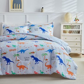 Joyreap Cotton Comforter Set Twin, Colorful Dinosaur on Light Blue Design, 3pcs Kids Bedding Set for All Season- 68x88 inches