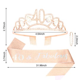 Ondder 40th Birthday Sash Rose Gold Birthday Tiara and Sash for Women 40th Birthday Sash and Crown for Women 40th Birthday Sash Birthday Party Decorations Gifts for Her Party Favors Supplies