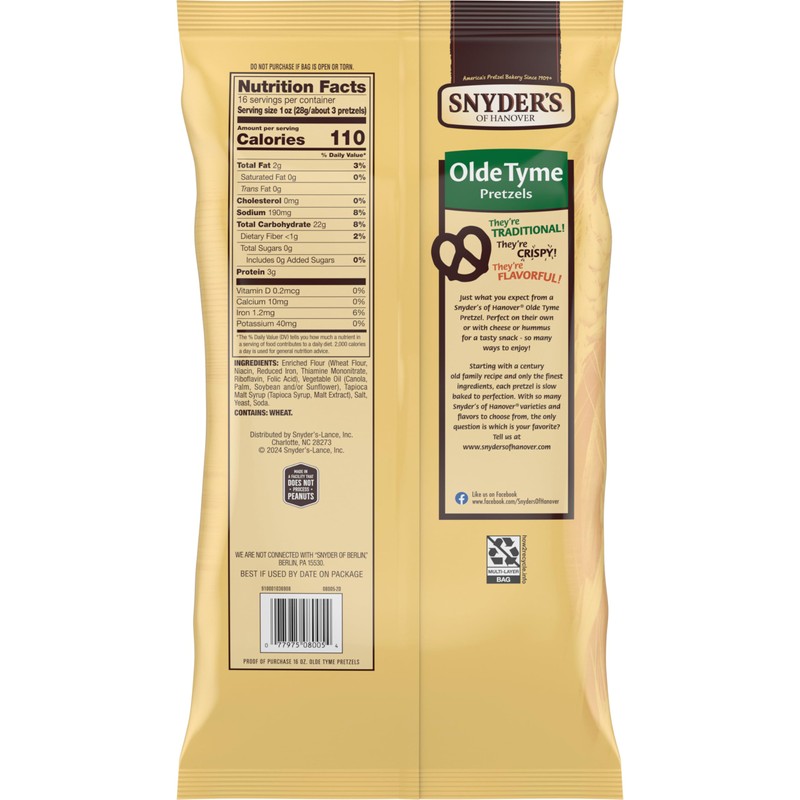 Snyder's of Hanover Old Tyme Pretzels, 16 Oz Bag