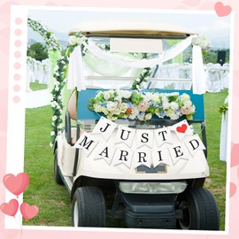 Janinka 5 Pcs Wedding Golf Cart Decorations 1 Just Married Sign Banner 2 Rose Garland 2 Gauze Draping Fabric for Golf Cart Car Decorations Accessories Wedding Party Anniversary Honeymoon Favor Gifts