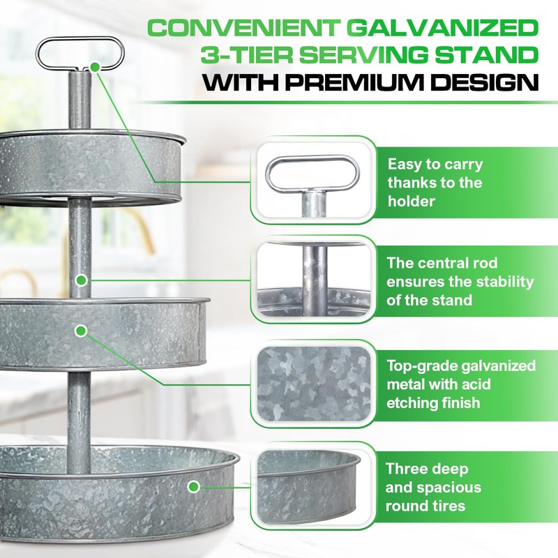 Plexon 3 Tiered Tray Stand, Metal Tiered Serving Tray, Round
