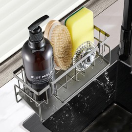 Sponge Holder for Kitchen Sink, Sink Caddy with Auto Draining Tray Hanging Rod, Rustproof Stainless Sink Caddy Kitchen Sink Organizer, Kitchen Gadgets Soap Dispenser Kitchen Organizers and Storage