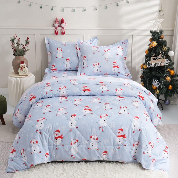 JSD Blue Snowman Kids Comforter Set Queen Size, 3 PC